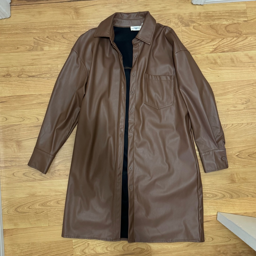 button-up long faux leather jacket